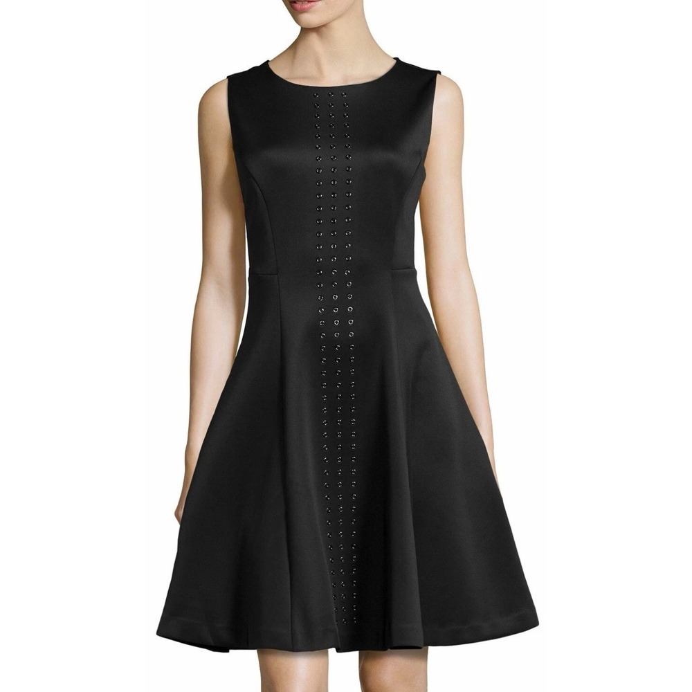 NWT Anthropologie Philosophy Black Sleeveless Scuba Grommet Fit Flare Dress M